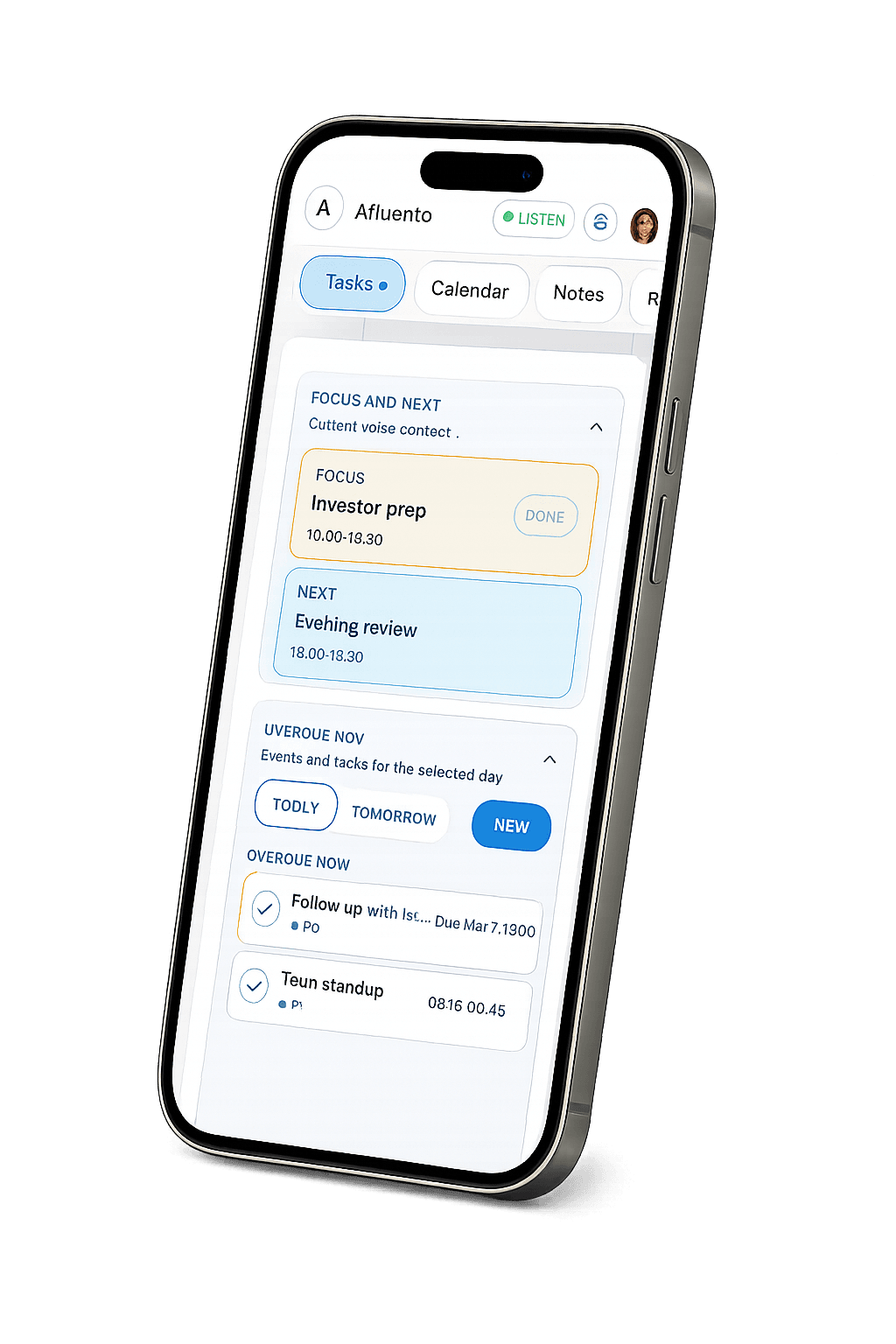 Afluento phone preview showing the voice-first app with a listen state and focused practice screen.
